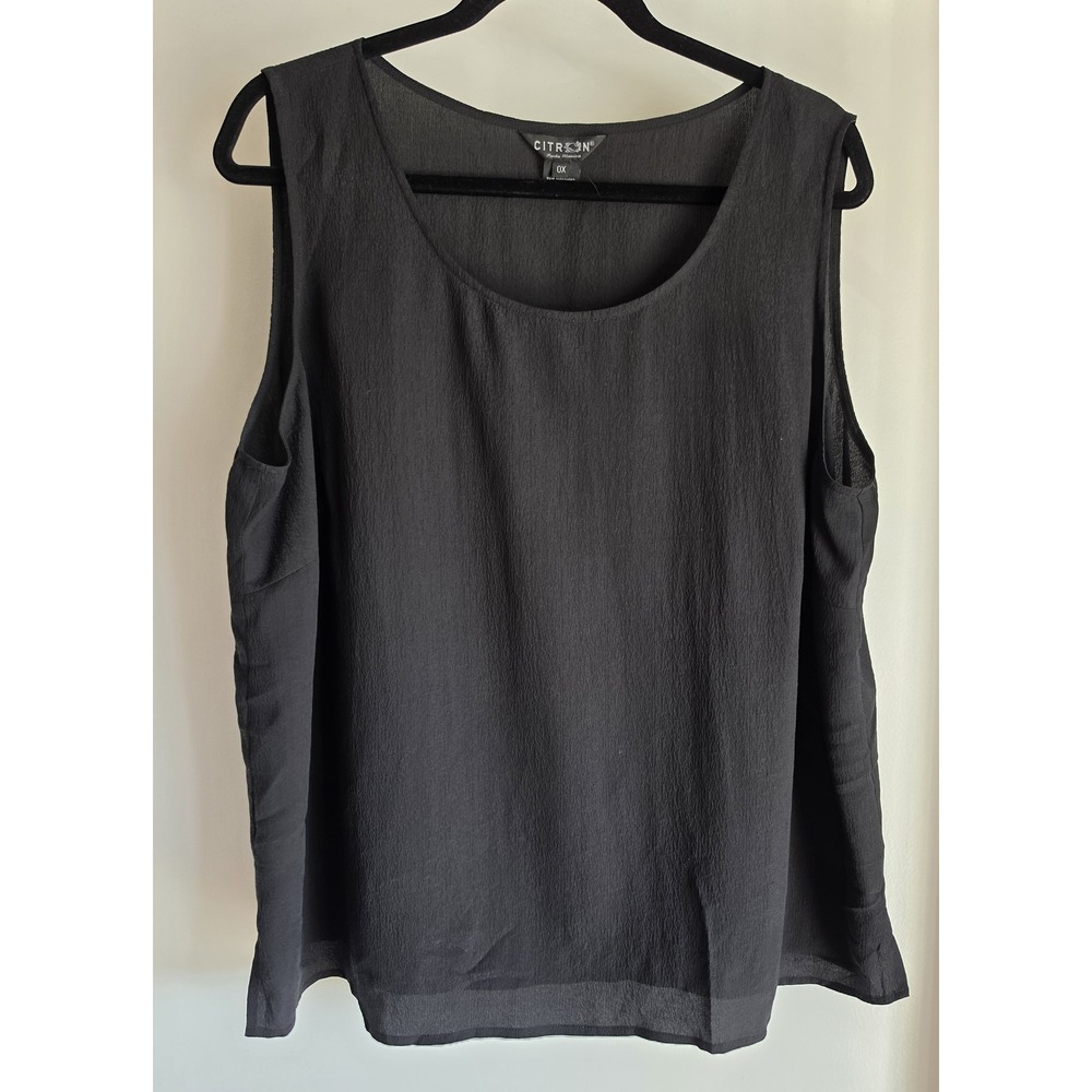 Citron Women Textured Silk Tank Top 0X Black Solid Sleeveless Round Neck Blouse